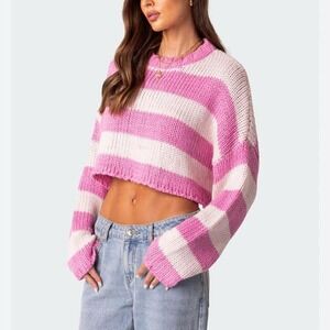 Edikted Pink Striped Cropped Sweater | Y2K Coquette Knit Top. S